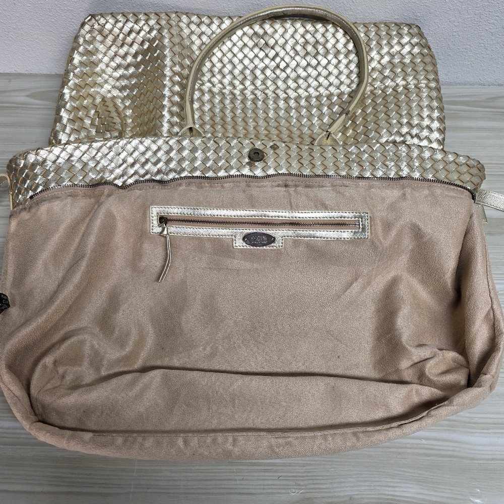 Cochni Italian Leather Goldtone XL Weave Tote Shoulder Bag - Picture 8 of 13